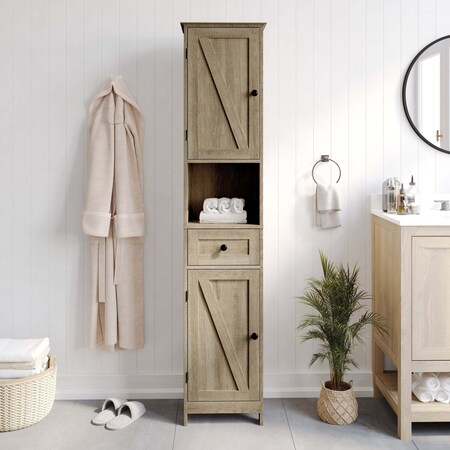 Flash Furniture Dune Farmhouse Freestanding Bathroom Linen Tower Cabinet w/Magnetic Close Doors, 2 Adjust Shelves FS-BATH-6-BR-GG